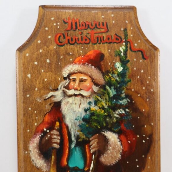 Vintage Old World Father Christmas Hand Painted Wood Plaque Santa Claus Dekan - Picture 2 of 8